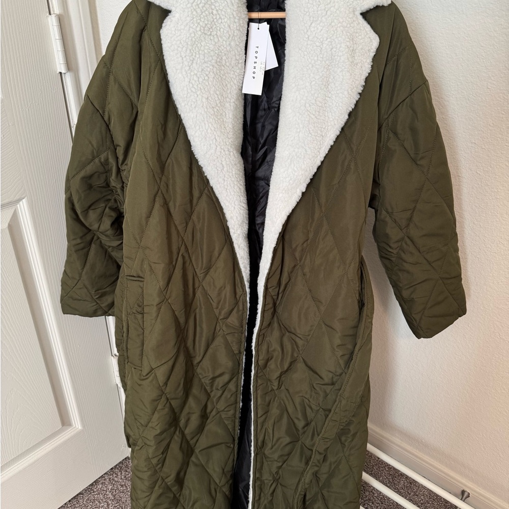 Topshop Olive Quilted Teddy Jacket with Cream Collar US 2
